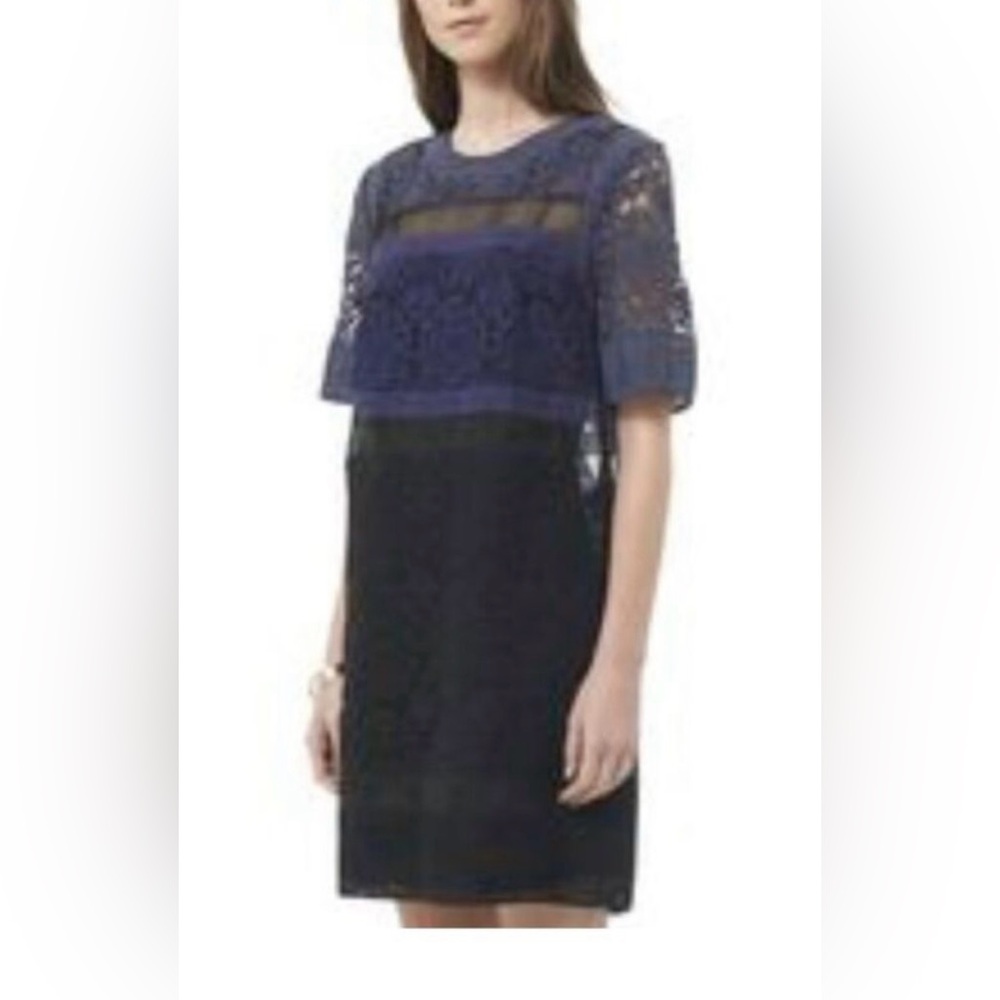 Women’s Rebecca Taylor Lace Patchwork Runway Dress Black Blue Short Sleeve. Sz 4
